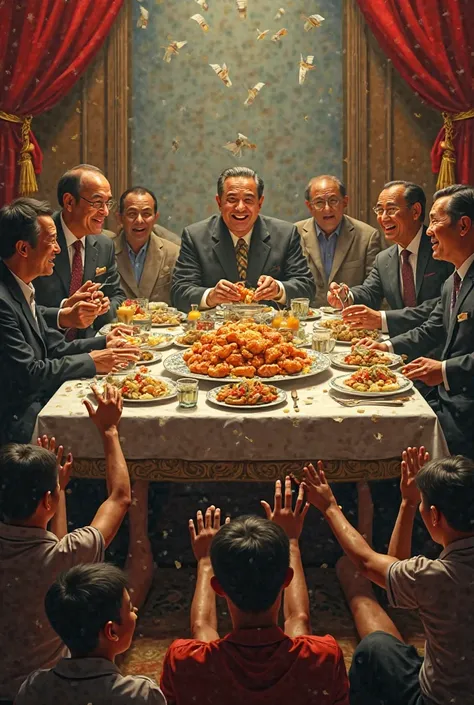 A table filled with extravagant food at the center of the image
	•	At the table, corrupt politicians in expensive suits and jewelry are laughing, stuffing themselves with food, and counting stacks of money.
	•	Beneath the table, starving citizens—workers, ...