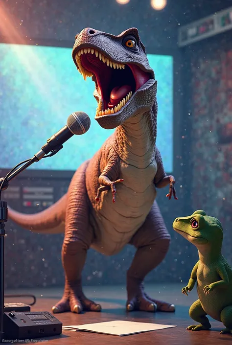 Tyrannosaurus singing with a microphone,During the broadcast , Social report gecko lizard