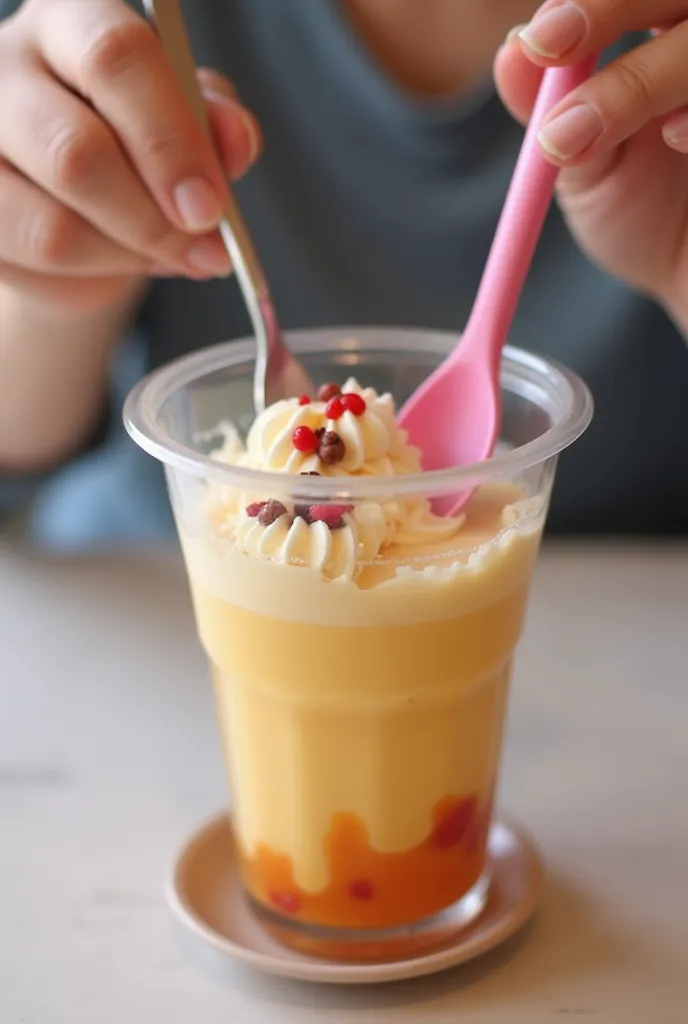 someone is taking a picture of a dessert with a spoon, snapchat story screenshot, instagram story, tiktok video, colored milk tea, snapchat photo, sea of parfait, low quality video, drink, anime food, super realistic food picture, 🐿🍸🍋, slush)), aesthetic c...