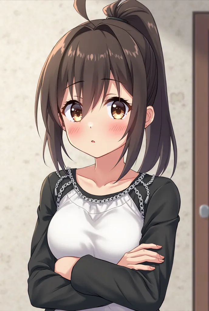 Cute anime girl a little obese, Hair tied up like a ponytail, fair skin and wears . His eyes are dark brown . Look at the spectator with anger and shame. He wears a white-chained shirt with long black sleeves.