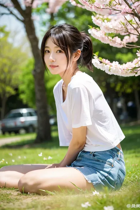 「A 35 year old cute Japanese woman。has dark hair up to her shoulders blowing in the wind、Has a slightly sexy expression on her face。She has small breasts、Wears a white T-shirt and miniskirt casually。I can see my panties a little bit and I'm embarrassed。At ...