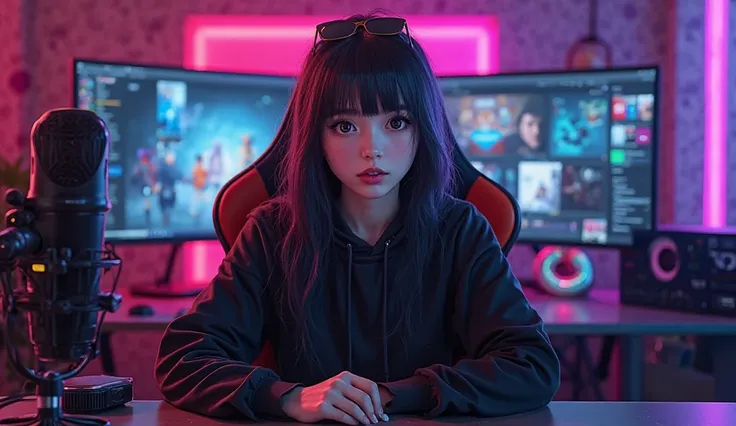 Create an anime friendly girl, 25 years old, with a beautiful and confident expression. She is wearing a black hoodie and sitting confidently on a modern gaming chair in a sleek YouTube studio. Her arms are resting on the desk as she gestures with her hand...