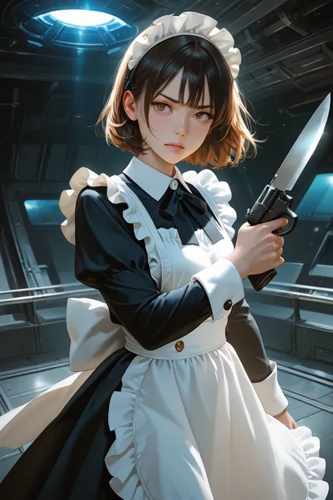 
1girl, weapon, holding, holding_weapon, holding_gun, apron, gun, solo, cross-laced_footwear, maid_headdress, short_hair, maid, frills, frilled_apron, maid_apron, knife, puffy_sleeves, handgun
