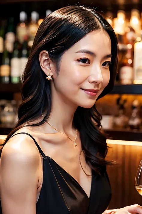 A sexy 35-year-old Japanese woman with an alluring gaze and a soft, teasing smile. Her long, wavy black hair cascades over her shoulders, with one strand gently tucked behind her ear. She wears a form-fitting black satin dress with a subtle slit, revealing...