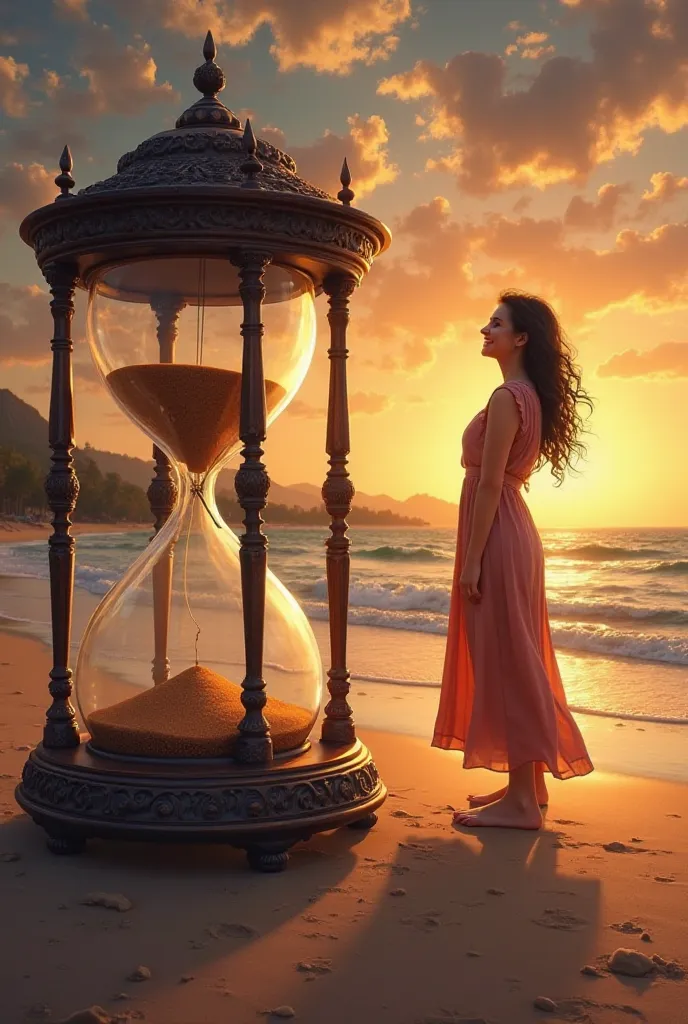 ‎ -An ancient clock with sand flowing slowly. next to,  A smiling person , Enjoying a sunset on a beach, representing the importance of living fully in the present moment.*