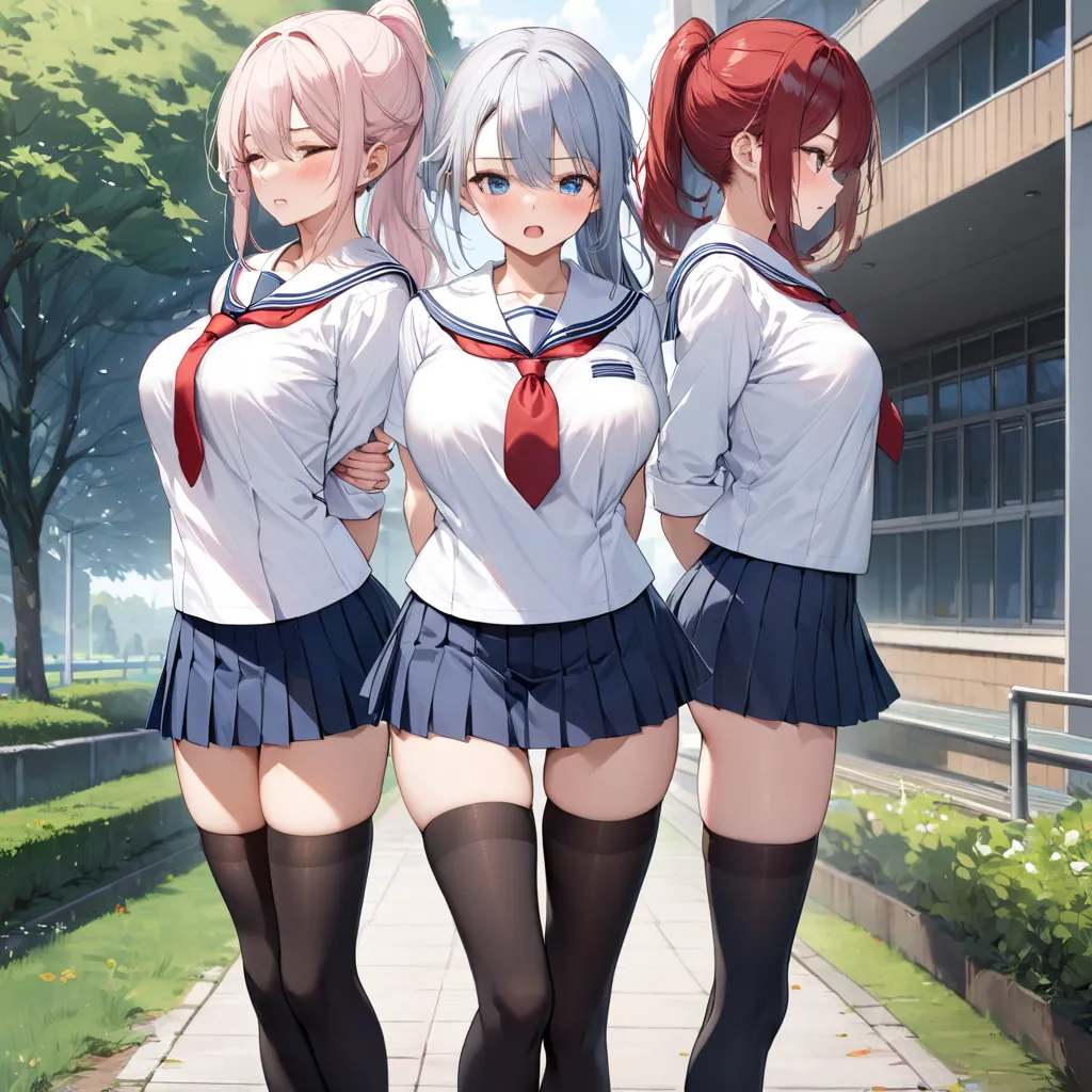 masterpiece, landscape, school, (longtorso_v0.63_pony), blowing wind, BREAK, very skinny girl standing, arched back, arms behind back, down arms behind back. tiptoe, pigeon toed, BREAK, school uniform, (white sailor uniform with red tie), (flapping blue to...