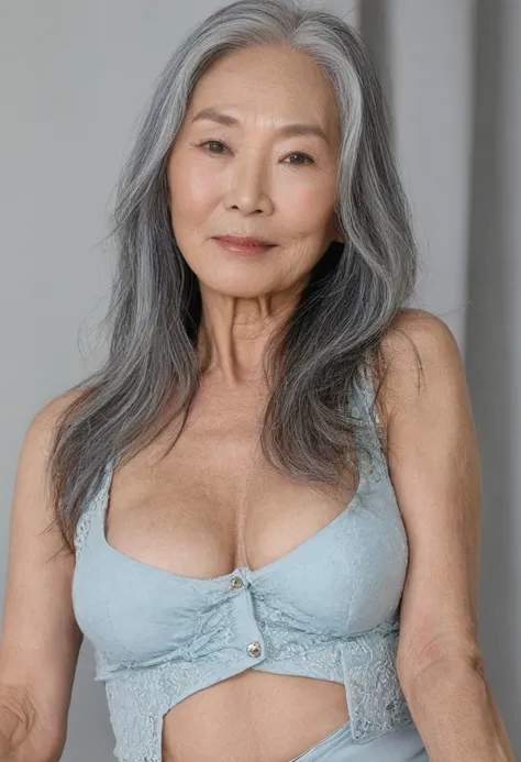 Sixty year old sexy beautiful pornstar pure Asian Japanese woman with silver blue long hair green eyes really winkle old skin 