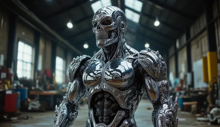 A bionic warrior with a sleek chrome-plated body, but the mechanical enhancements have significant deformities. One arm is grotesquely oversized and heavily modified, with twisted metal and exposed wires, while the other is almost skeletal with sharp, jagg...