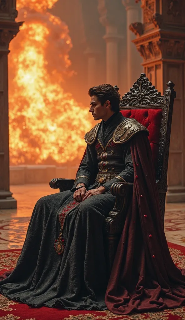 Alaric, as he sits peacefully in the palace a sudden explosion is heard.
Lord Malakar, walks on the throne with dark fumes. King (destroys Alaric's father) with a cursed spell. Let it be realistic, Let the characters be human-sized