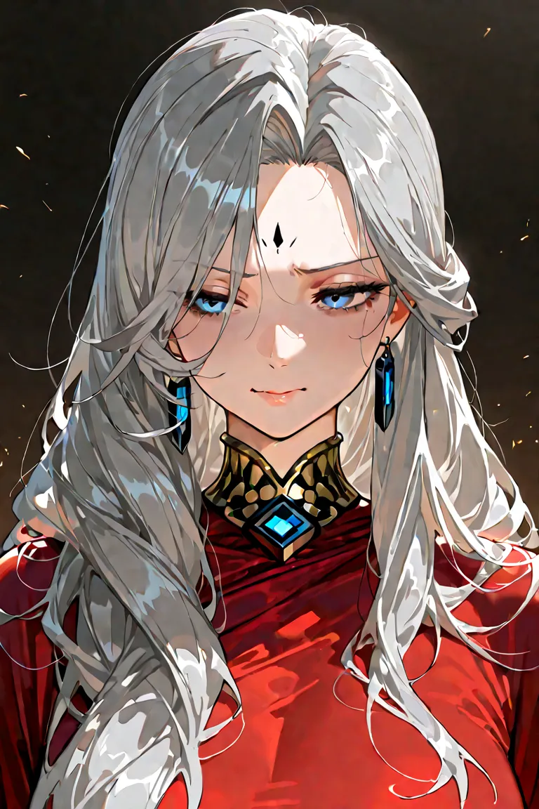 masterpiece, best quality, highest resolution, 1goddess, solo, gray hair, messy long hair, red robe, simple background, blue eyes, mature woman, a black Lock, hating expression