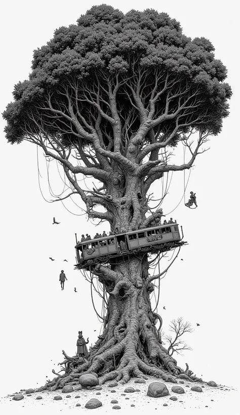 tree painting with train and many people, elaborate ink illustration,   complicated illustration , bold Exquisite ink illustration,  line drawing illustration ,  by Roberto Parada ,  intricate and detailed illustration , detailed   complicated illustration...