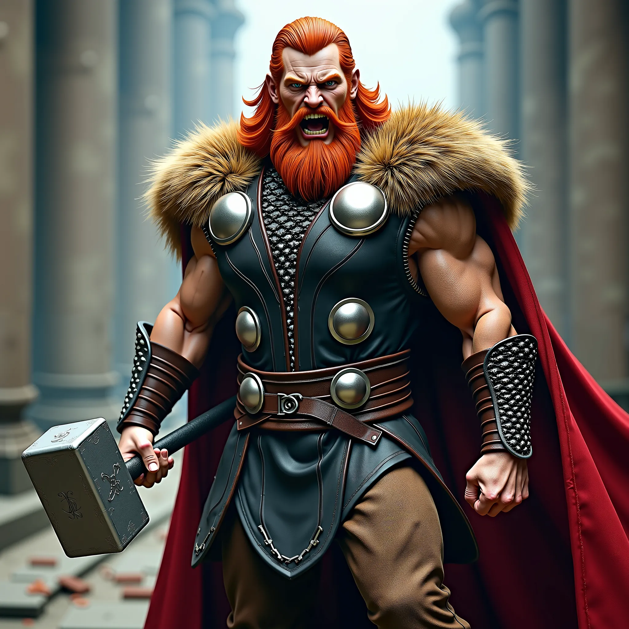 (best quality,4k,8k,highres,masterpiece:1.2),ultra-detailed, 1man, Norse god Thor, red hair, red beard, wearing furs, brown trousers, brown heavy fur cape, chain mail shirt, raging eyes, victorious pose, wielding a hammer, clothes in the style of Yoshitaka...