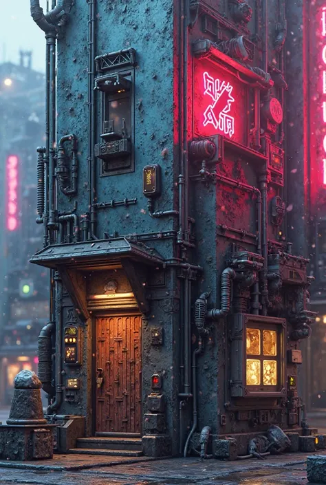 a texture atlas of a neon cyberpunk building facade with windows, a futuristic door, a roof edge, and detailed wall elements like vents, pipes, and neon signage. 3D, Hyper real
