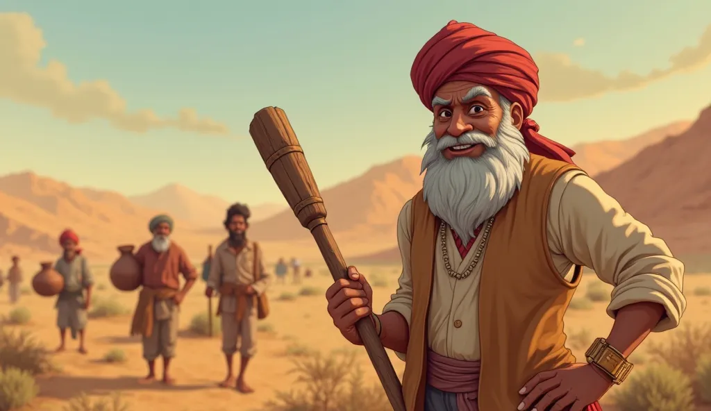 A kind, hardworking farmer named Ram, with medium brown skin, wearing a beige tunic, brown vest, and red turban. He is smiling while holding a wooden farming tool. In the background, villagers can be seen struggling with drought, carrying empty pots  in an...