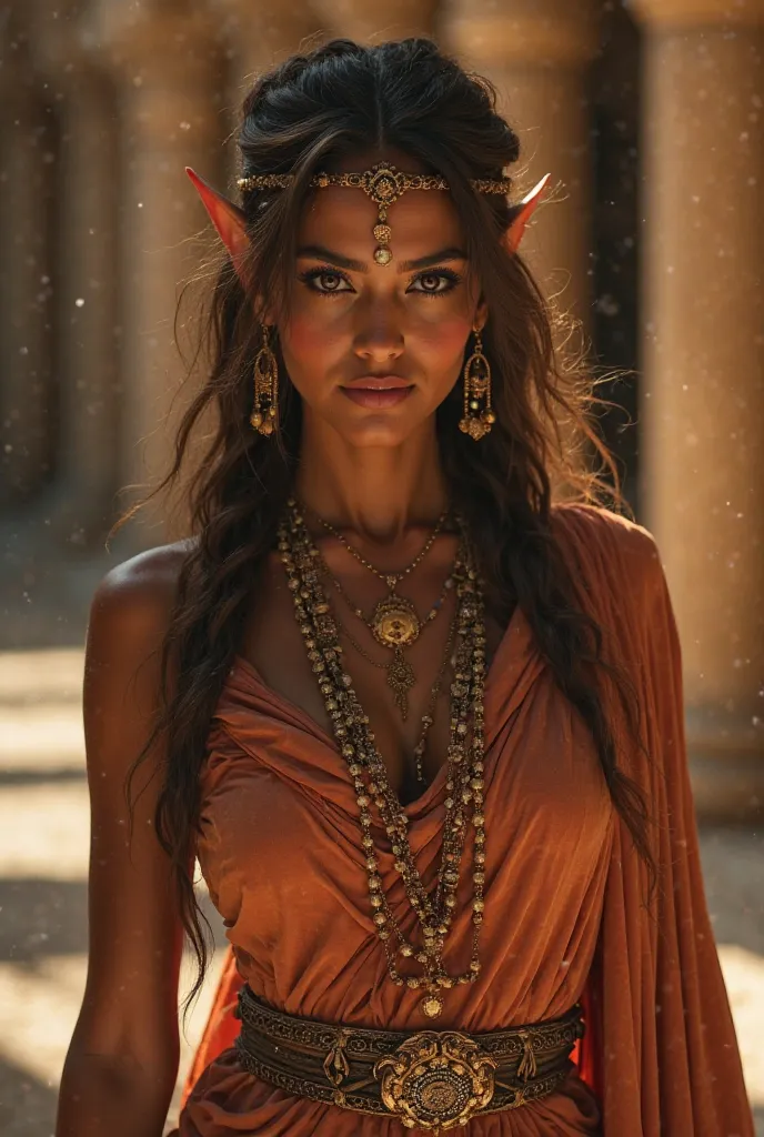 Upper body shot, North African woman, pointed elf ears, caramel skin, brown hair, closed mouth, ancient Greek noble attire, Greek jewelry, dynamic pose, complex fantasy character, NSFW, cinematic lighting, fantasy, magic, detailed background, in ancient Gr...