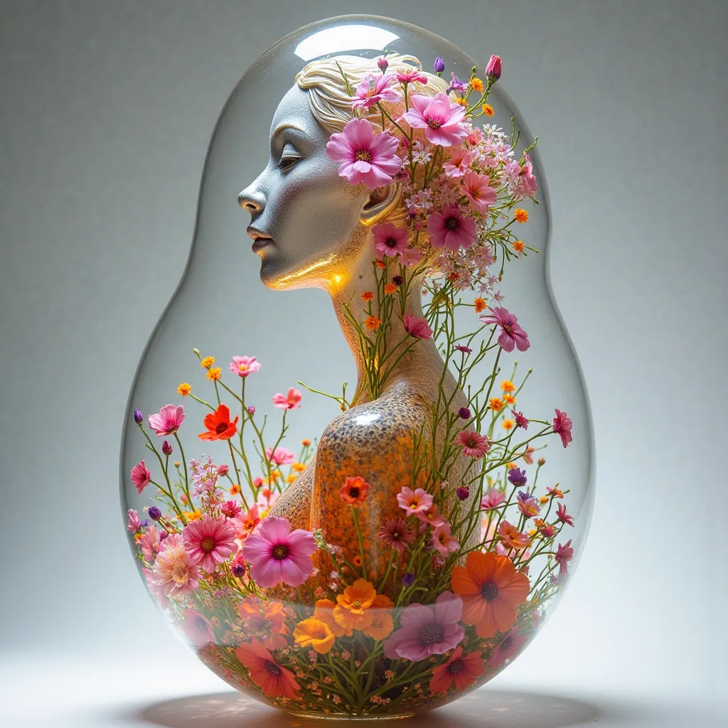  Clear glass statue。  statue of a woman  。profile。There are lots of beautiful flowers inside