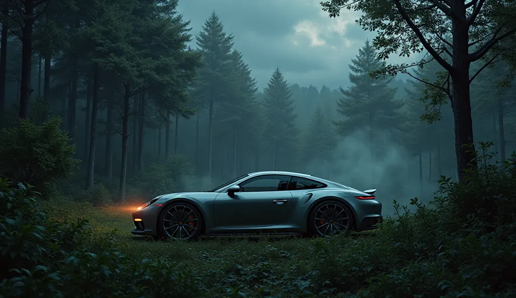 A car in nature comes out a beautiful aroma and it is dark 