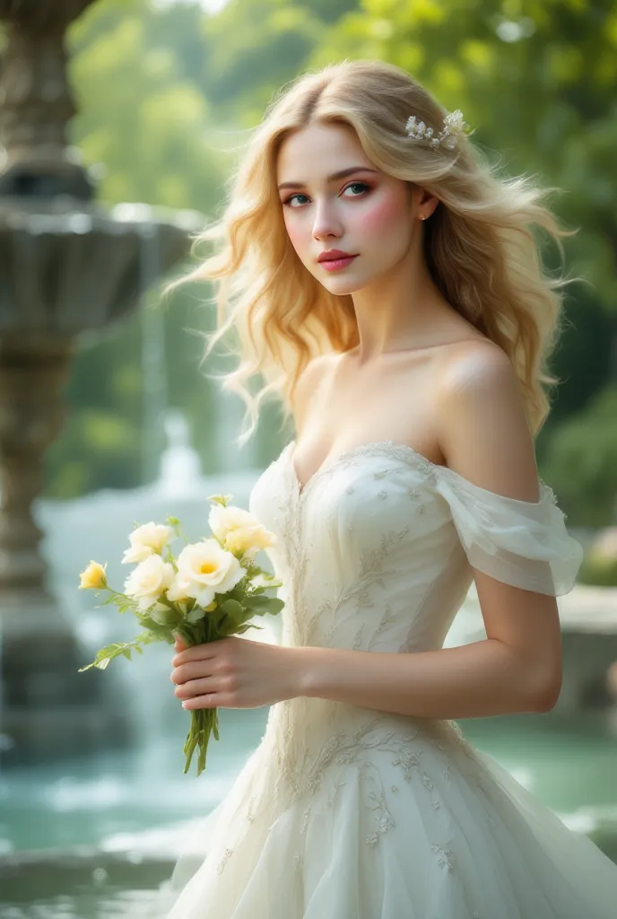 Beautiful Girl with Blonde Hair in a Beautiful White Dress with Patterns, Very Beautiful with the Park and the Beautiful Fountain in the background,  Very realistic photo , A Small Bouquet in the Hands, Looking and Posing for the Camera,  Masterpiece , bes...