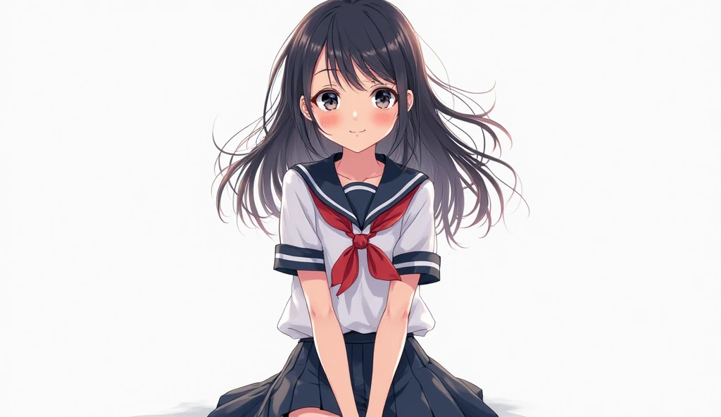 Illustration in anime style. Close-up photo of 18-year-old girl wearing high school clothes, smiling charmingly, eyes charming, hands between legs. black hair, black eyes, white skin, white background