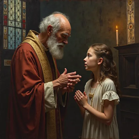 gives, old priest and young girl,