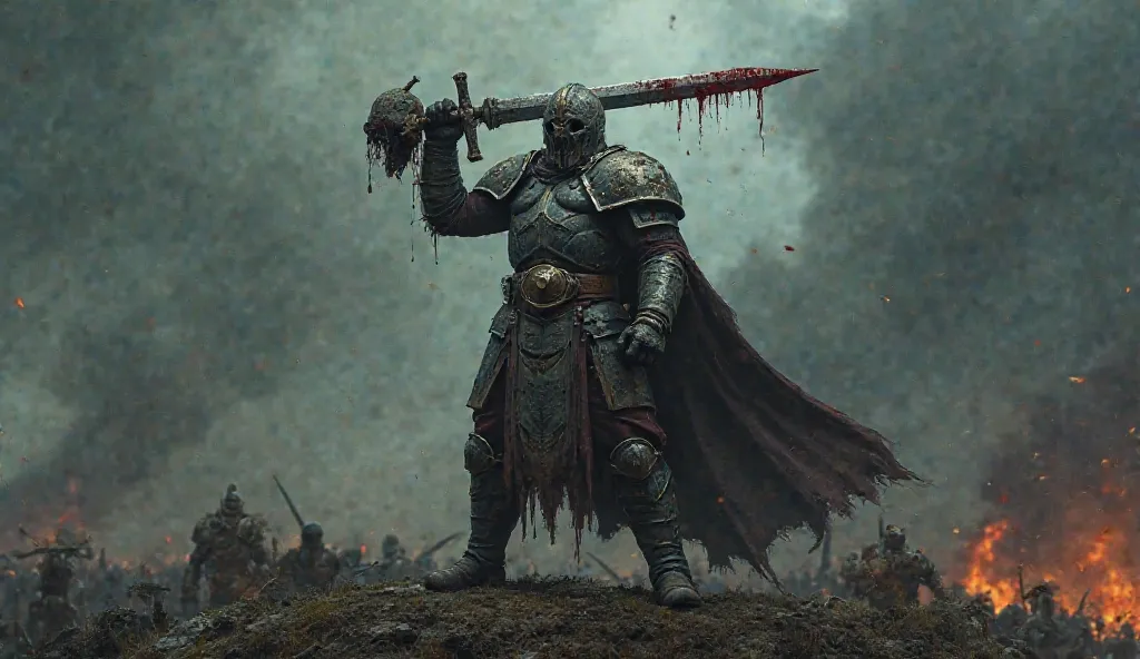 A battle-worn warrior stands atop a hill, clad in heavy, dented armor, showing signs of intense combat. His posture is triumphant, as he raises a mighty sword high into the air, with the severed head of an orc impaled upon its blade. Blood drips from the s...