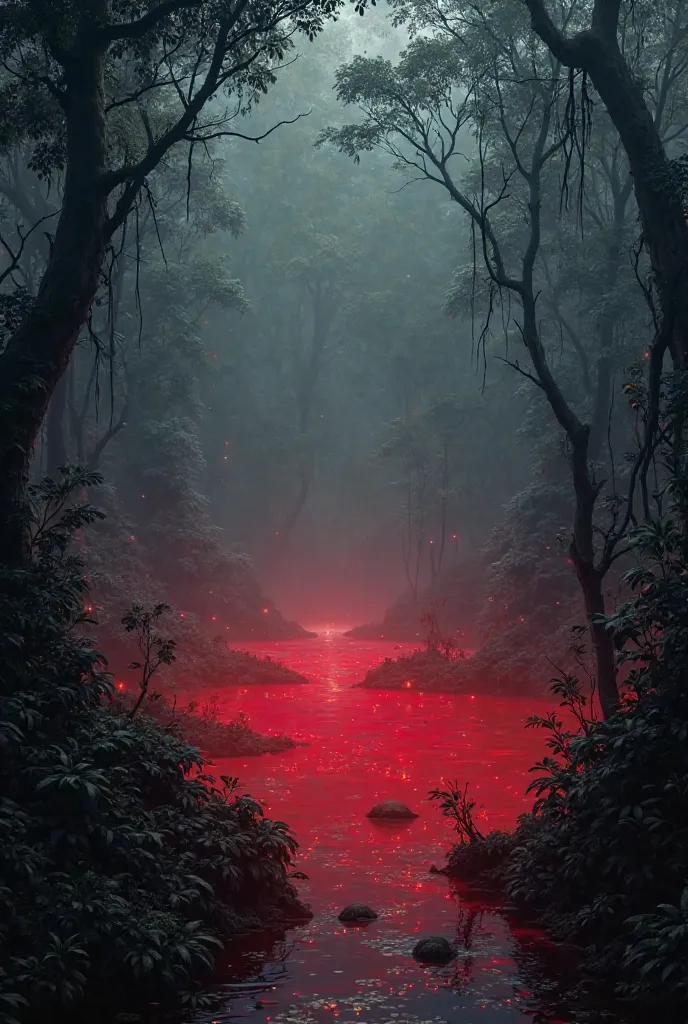 A mysterious red lake in the middle of a dense jungle, surrounded by tall dark trees and mist. The water has an eerie red hue, and the atmosphere feels silent and ominous."