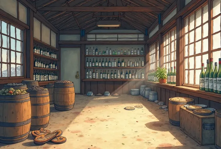 Scenery without people、江戸時代の居liquor屋の店内の風景、liquor、barrel 、Sandals、Earthen floor、watercolor anime style