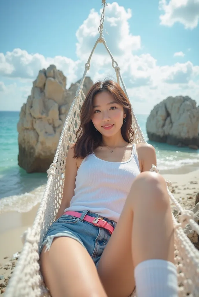 photo of a beautiful Taiwanese girl. lying relaxed on a hammock, the girl is wearing a white tank top, short jeans with a pink belt, and white socks. with a background of a beach with large rocks, blue sky and white clouds, and morning sunlight.