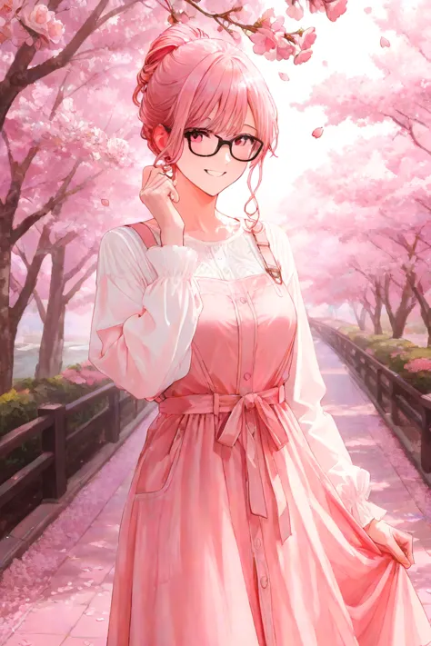 maxi dress,pink hair,smile,Japan,cherry blossoms,Glasses