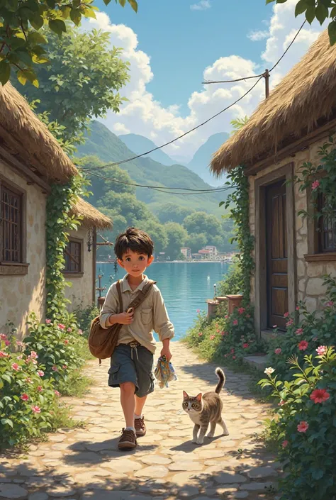 Small boy fishing near a village realistic and  after fishing he walking through village with a cat near him very realistic 8k