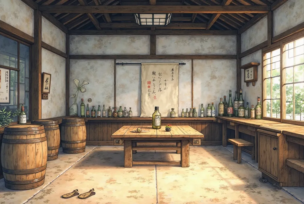 Scenery without people、江戸時代の居liquor屋の店内の風景、liquor、barrel 、Sandals、Table seating、Earthen floor、watercolor anime style