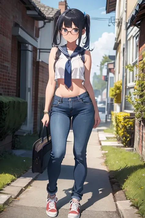 blue jeans、bootcut jeans、 long pants、Sneakers、Glasses、Beautiful Girl、stomach、Belly button、Nipples、 no bra、Upper arms、shoulder、Sleeveless summer sailor suit with tie、 pigtails、 no bra、Nipples、School bag、walk、long legs、schools、Outdoors、beautiful well-groomed...