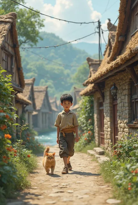 Small boy fishing near a village realistic and after fishing he walking through village with a cat near him very realistic 8 k resolution 