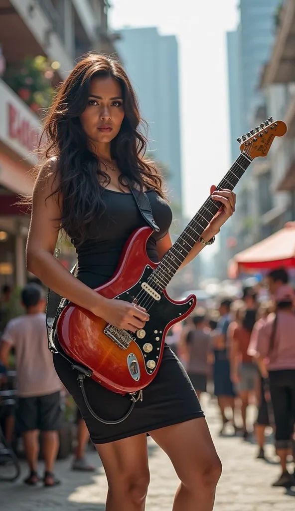 Beautiful Javanese woman with thick long hair , Busty busty body wearing pencil dress is playing electric guitar in crowd of visitors in middle of Indonesian city, portrait, 4K, HD