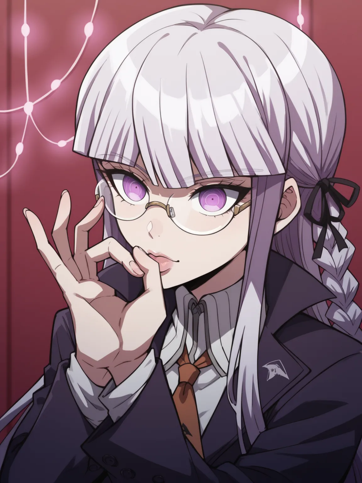 , Kyouko Kirigiri,  long hair, bangs, ribbons, purple eyes, hair ribbons, purple hair, knitting glasses, single knitting glasses, side knitting glasses

 超巨大な巨乳　High Resolution　 popup　Black Lace Micro Bikinis　Thick lips　garter belt　 on the bet　shows the wh...