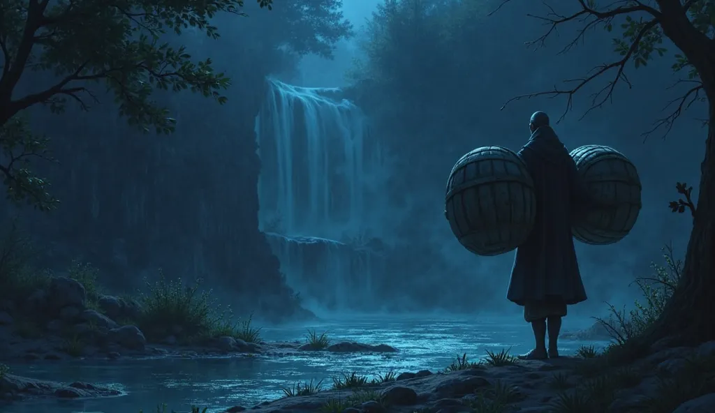 At midnight, the merchant sneaks to the well with large wooden barrels, greedily filling them with water. A dark shadow looms over him, and the water begins to fade, turning into mist as the well dries up.in animated style 