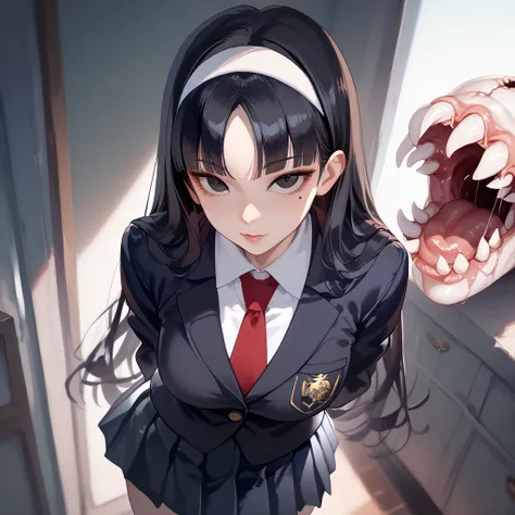 ((​masterpiece))、((Highest quality))、kwkm , black eyes, black hair, long hair, blunt bangs, parted bangs, white hairband, mole under eye, school uniform, red necktie, black jacket, black skirt, pleated skirt,large breasts,body horror