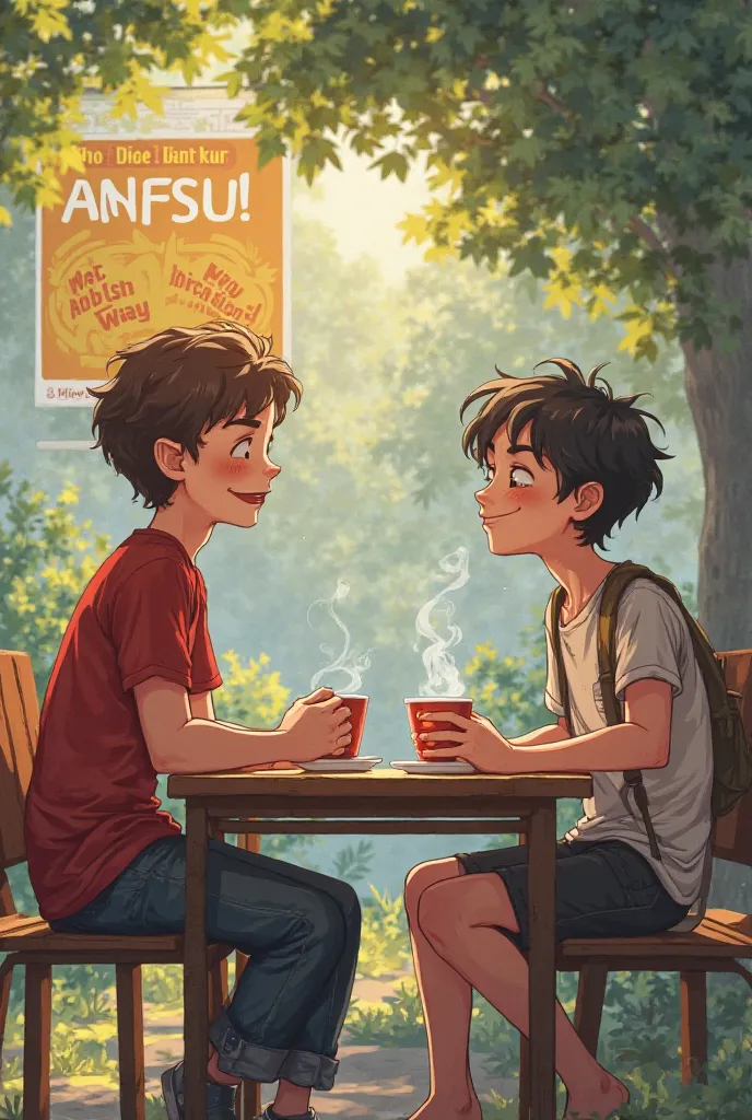 Two boys are enjoying tea in a open peaceful environment with an ANFSU poster in the background. One of them asks, "Bro, who are you voting for in this year's FSU election?" The other laughs and replies, "Of course, ANFSU!" With showing slogan 