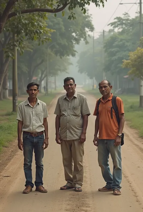 three men standing in a dirt road with trees in the background, a picture inspired by Sunil Das, cg society contest winner, bengal school of art, viral post, with village, assamese,  post, photo taken in 2 0 2 0, in group photograph, assamese aesthetic, ba...