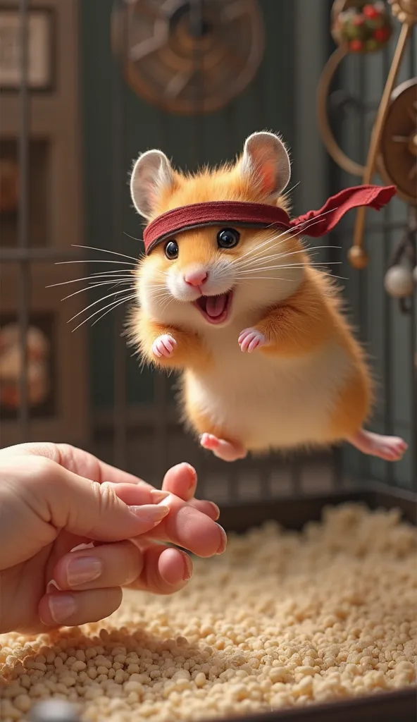 A cartoon-style hamster named Takeshi, with his samurai headband, is mid-leap from his cage, launching himself toward Laura's hand. His tiny paws are outstretched, and his mouth is open in a determined battle cry, making it clear he’s in warrior mode. The ...