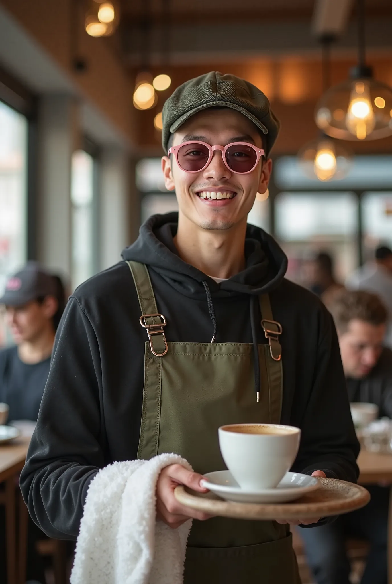 Handsome young barista with fair Asian skin, wearing a black hoodie, olive green apron, dark olive green Tuque hat, pink sunglasses, holding a tray with a cup of coffee in his right hand, hanging a white cloth to wipe the table in his left arm, politely an...