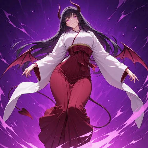 Extraordinarily beautiful shrine maiden wearing a sacred, traditional kimono shrine maiden outfit that fully covers her body cover the parts of the body that arouse lust yet is form-fitting due to overwhelming demonic sexual energy, clearly accentuating he...