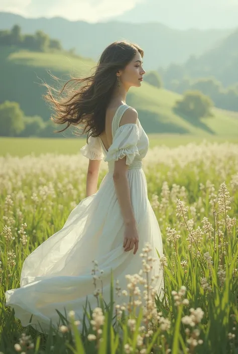  She wears a white dress, and out of the fresh air, Ledt Mayberdyk, the girl walks through the grass. 