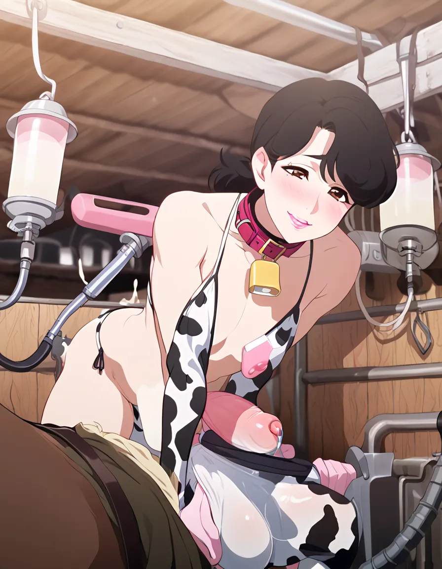 Solo, alone, Milking machine, milking his penis, milking his nipples, Male wear cow print bikini, pink elbow gloves, dog collar, long black hair, brown eyes, pink blush, pink lips, smile, pale skin, male face, male chest, male body,  in a cow stable, (bulg...