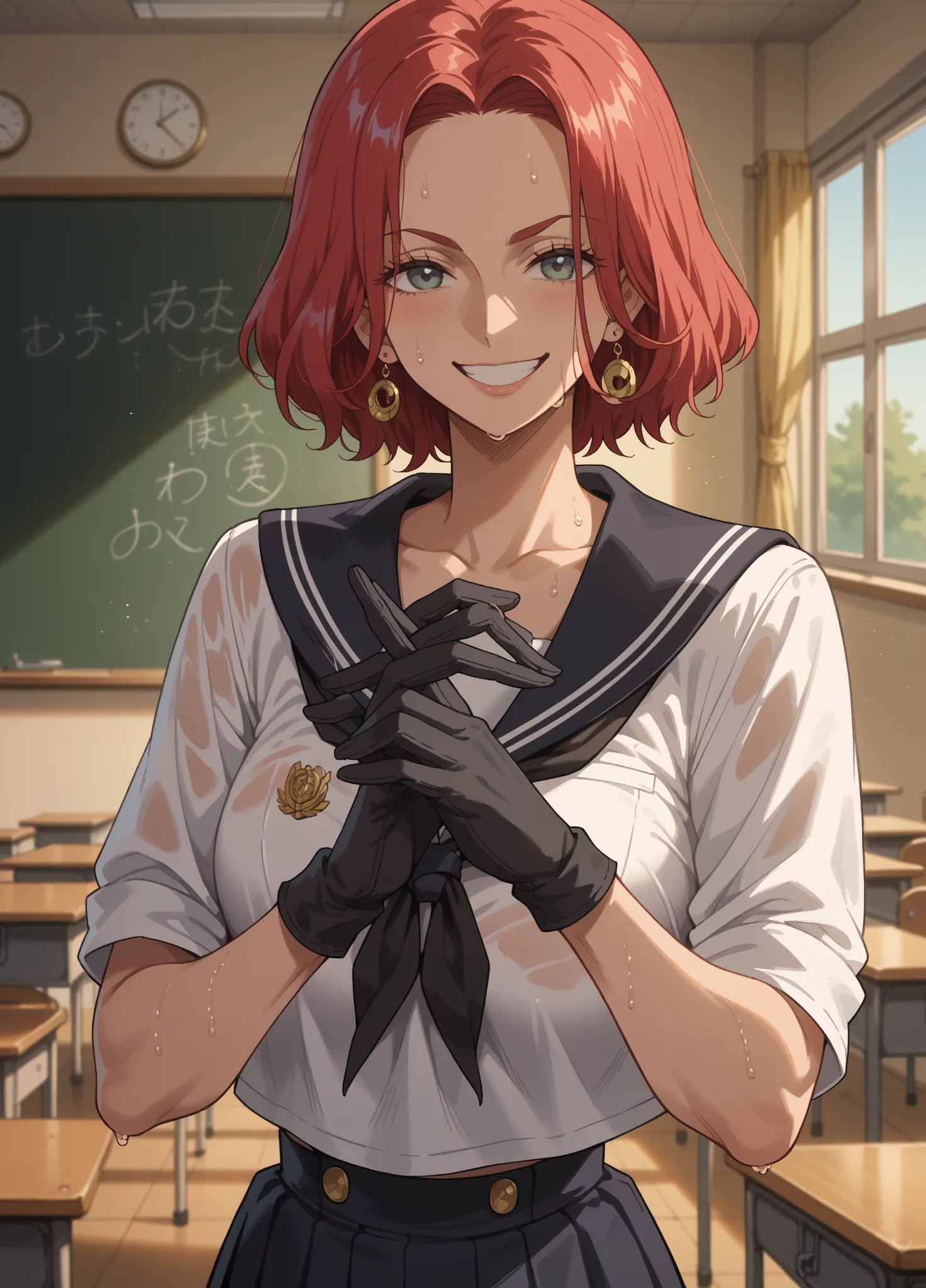 masterpiece,Highest quality,Baccarat, Black gloves,(((40 years old))),(( aunt)),(( very sweaty ),Chest Hold,sailor suit, Wicked Smile ,赤い髪,classroom,anime