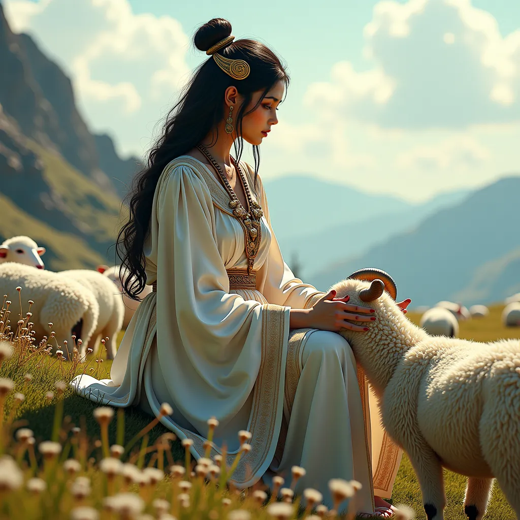 (best quality,4k,8k,highres,masterpiece:1.2),ultra-detailed, Sumerian Goddess Lahar, pr1y4nk4, dressed in shepherd's robes, watching over the sheep, drawn in the style of Yoshitaka Amano, HDR, 8k, absurdres, cinestill 800, sharp focus, add_detail:2  (solo ...