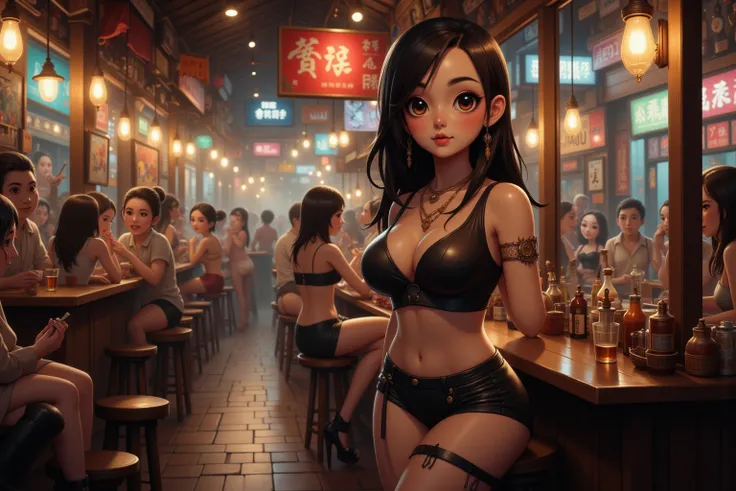 A gorgeous Pinay woman (lovely face, long dark hair, tiny tank top, big fake breasts, black short shorts, soft short black boots, slim, hourglass figure, nice hips and thighs, age 25), she is working at a open air bar with many other prostitutes in the ple...