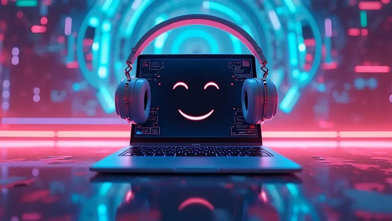 Laptop character with headphones