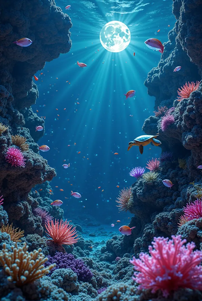 cinematic film still chImagine a vibrant underwater scene where a coral reef glows with bioluminescent colors—shades of electric blue, neon green, and soft purple. The reef is teeming with exotic marine life, like glowing jellyfish, schools of iridescent f...