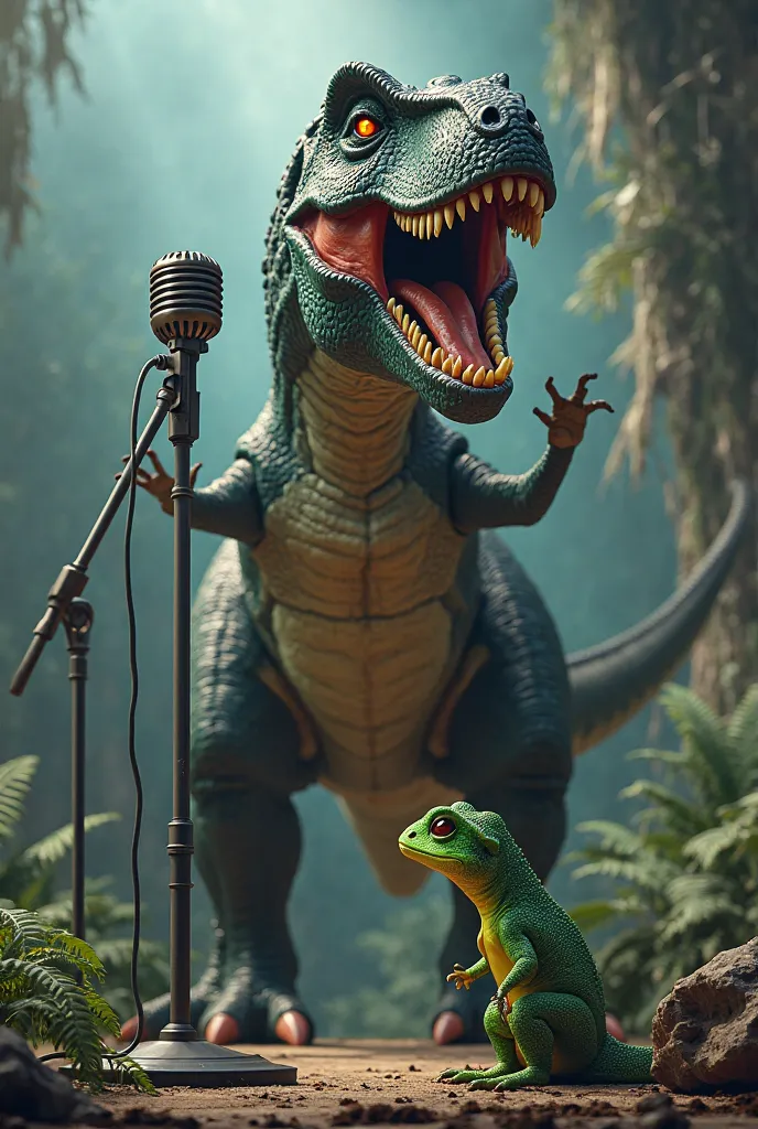 A black tyrannosaurus singing with a microphone, live show , Social report gecko lizard